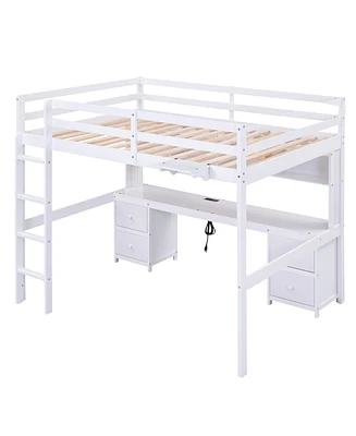 Simplie Fun Full Size Loft Bed With Desk, Cabinets, Drawers And Bedside Tray, Charging Station