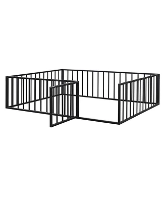 Simplie Fun Queen Size Metal Floor Bed Frame With Fence And Door