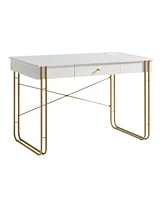 Zen-Inspired Writing Desk with Drawer, Usb & Outlet Port - White & Gold