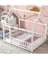 Simplie Fun Full Size Floor Wooden Bed with House Roof Frame, Fence Guardrails, White