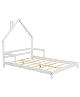 Simplie Fun Full House-Shaped Headboard Bed With Handrails, Slats, White