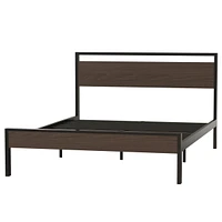 Ceres Metal Bed, Black With Walnut Wood Headboard&Footboard, Queen