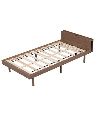 Simplie Fun Modern Design Twin Size Platform Bed Frame With Built-In Usb Port For Walnut Color