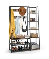 Slickblue 5-in-1 Entryway Hall Tree with Storage Bench with 9 Hooks-Rustic Brown - Black