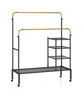 Slickblue Rolling Double Rods Garment Rack with Height Adjustable Hanging Bars