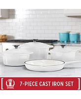 Basque Enameled Cast Iron Cookware Set, 7-Piece Set (Blanc), Nonstick, Oversized Handles, Oven Safe Skillet, Saucepan, Small Dutch Oven, Large Dutch O