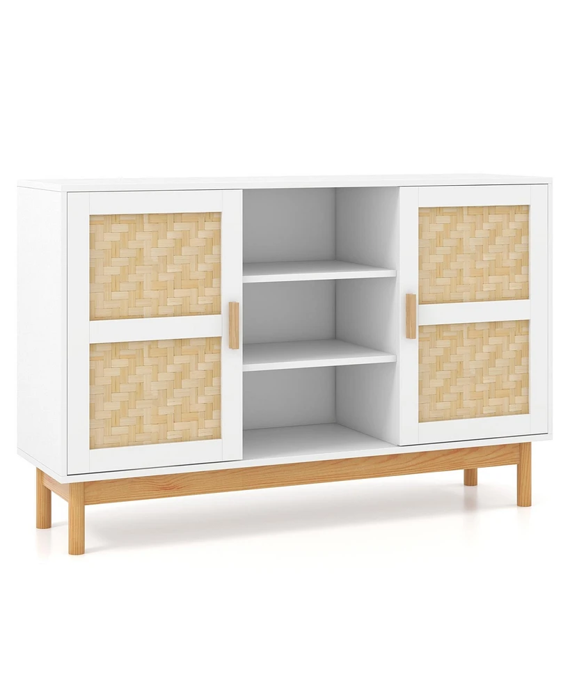 Slickblue 48 Inch Sideboard Buffet Cabinet Floor Storage Cabinet with 2 Bamboo Woven Doors-White