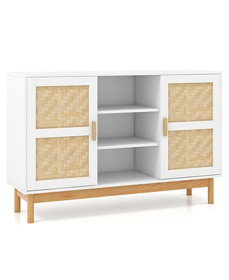 Slickblue 48 Inch Sideboard Buffet Cabinet Floor Storage Cabinet with 2 Bamboo Woven Doors-White