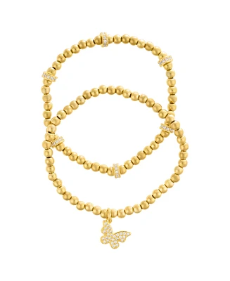 Adornia Gold Plated Pair of Bead Bracelets with Crystal Butterfly