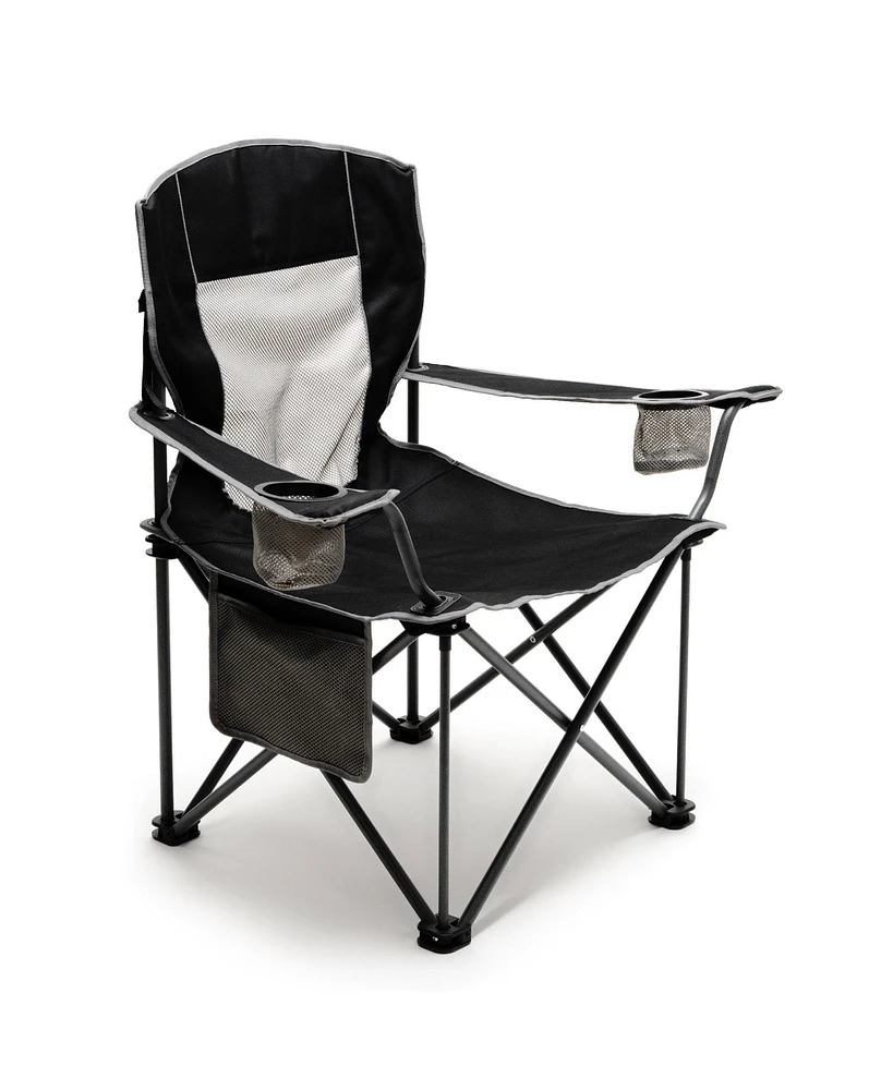 Mondawe Black Metal Patio Folding Beach Chair Lawn Chair Camping Chair with Side Pockets and Cup Holder