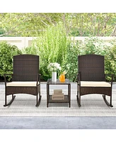 Sugift 3 Piece Patio Rocking Set Wicker Rocking Chairs with 2-Tier Coffee Table