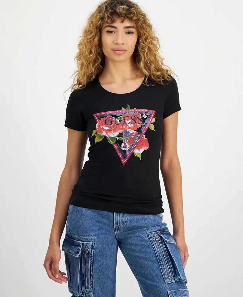 Guess Women's Roses Triangle Crewneck Short-Sleeve T-Shirt