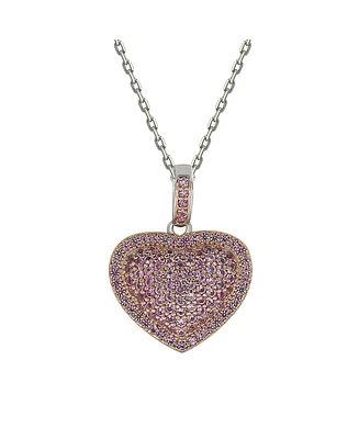 Suzy Levian New York Pink Sapphire Pave Puff Heart Pendant Necklace in Sterling Silver by Suzy Levian