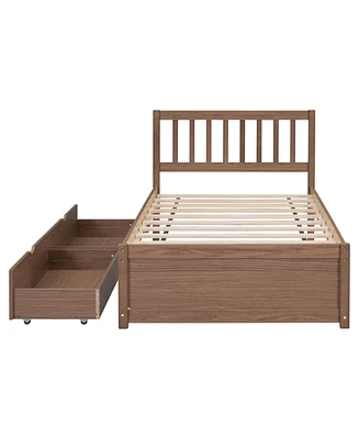 Simplie Fun Modern Design Twin Size Platform Bed With 2 Drawers For Walnut Color