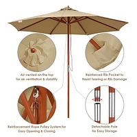 9ft Market Patio Wooden Umbrella Pulley Control Outdoor Yard Beach Bar Garden