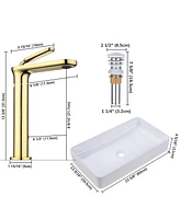 Rectangle Ceramic Bathroom Sink and Gold Vanity Mixer Faucet w/Pop Up Drain Kit