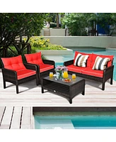 Vebreda 4 Pieces Outdoor Rattan Wicker Loveseat Furniture Set with Cushions