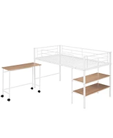 Simplie Fun Twin Size Metal Loft Bed With Desk And Shelves