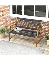 Outdoor Acacia Wood Bench with Backrest and Armrests