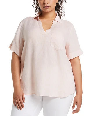 Rafaella Plus Size Stripe Split Neck Linen Short Sleeve Top