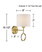 Amid on Modern Indoor Wall Mount Lamp Warm Brass Metal Ring Plug In Light Fixture Dimmable White Drum Shade for Bedroom Bedside House Reading Living R