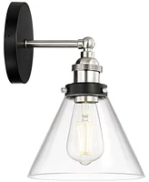 Burke Industrial Modern Wall Light Sconce Black Brushed Nickel Hardwired 7 1/4" Fixture Led Clear Glass Cone Shade for Bedroom Bathroom Vanity Living