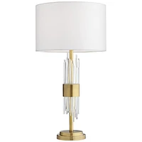 Aloise Mid Century Modern Glam Luxury Table Lamp 27.5" Tall Brass Metal Clear Glass Tube White Drum Shade Decor for Living Room Bedroom House Bedside