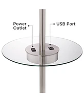 Caper Modern Floor Lamp with Tray Usb and Ac Power Outlet on Table Glass 60.5" Tall Satin Nickel White Fabric Drum Shade for Living Room Reading House