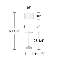 360 Lighting Caper Modern Floor Lamp with Tray Usb and Ac Power Outlet on Table Glass 60.5" Tall Satin Nickel White Fabric Drum Shade for Living Room