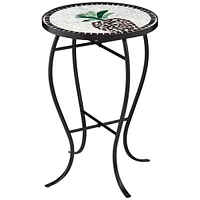 Beige Pineapple Modern Black Metal Round Outdoor Accent Side Table 14" Wide Black Glass Mosaic Tabletop Gracefully Curved Legs for Front Porch Patio H