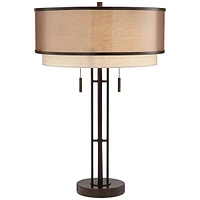 Andes Modern Industrial Table Lamp 27 1/2" Tall Oil Rubbed Bronze Brown Metal Stacked Double Fabric Drum Shade for Bedroom Living Room House Home Beds