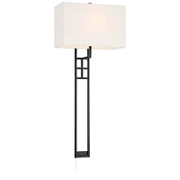 Ventano Modern Wall Lamp Matte Black Metal Plug-In 16" White Linen Rectangular Shade for Bedroom Living Room Home Hallway Dining Kitchen House
