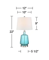 Ronald Modern Coastal Accent Table Lamp 22" High Blue Textured Glass Nickel Pole White Fabric Drum Shade for Bedroom Living Room House Home Bedside Ni