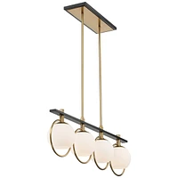 Possini Euro Design Carlyn Antique Brass Gold Black Metal Linear Island Pendant 33" Wide Mid Century Modern White Glass Globe Shades Led 4-Light Fixtu