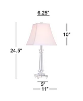 Traditional Glam Luxury Table Lamp 25" High Clear Slim Profile Crystal Glass Tapered Column White Square Bell Shade for Living Room Bedroom House Beds