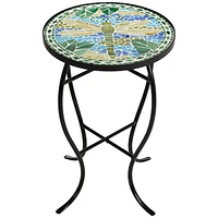 Dragonfly Modern Black Metal Round Outdoor Accent Side Table 14" Wide Blue Green Mosaic Tile Inlay Tabletop Gracefully Curved Legs for Spaces Porch Pa