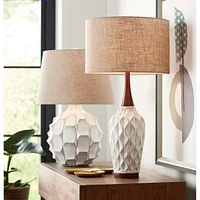 Rocco Mid Century Modern Table Lamp 30" Tall White Wave Geometric Ceramic Oak Wooden Neck Tan Fabric Drum Shade for Living Room Bedroom House Bedside