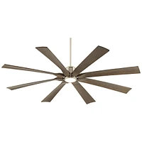 Possini Euro Design 70" Defender Modern Large Outdoor Ceiling Fan with Led Light Remote Control Brushed Nickel Weathered Oak Blades Dimmable Damp Rate