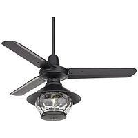 44" Plaza Dc Mid Century Modern Industrial 3 Blade Indoor Outdoor Ceiling Fan with Light Led Remote Control Matte Black Glass Damp Rated Patio Exterio