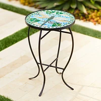 Dragonfly Scene Black Metal Round Outdoor Accent Side Tables 14" Wide Set of 2 Blue Mosaic Tile Tabletop Gracefully Curved Legs Spaces Porch Patio Hom