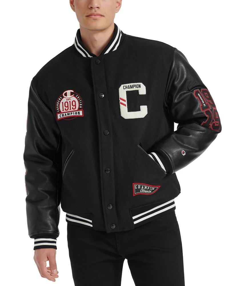 Champion Men's Logo-Patch Mixed-Media Varsity Jacket