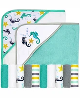 Buba Baby Boys and Girls 2 Pack Embroidered Hooded Bath Towel Wash Cloth Set