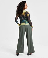 Bar Iii Petite Printed Long Sleeve Cowlneck Mesh Top Wide Leg Pants Created For Macys