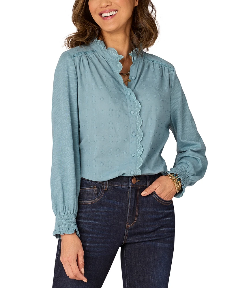 Democracy Petite Embroidered Scalloped-Trim Blouse