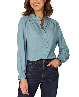 Democracy Petite Embroidered Scalloped-Trim Blouse