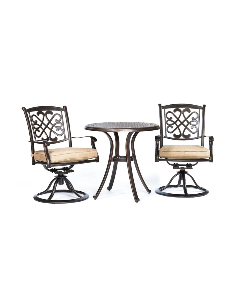 Mondawe 3-Piece Antique Bronze Cast Aluminum Round Outdoor Bistro Set with Swivel Metal Chair with Beige Cushion