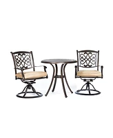 Mondawe 3-Piece Antique Bronze Cast Aluminum Round Outdoor Bistro Set with Swivel Metal Chair with Beige Cushion