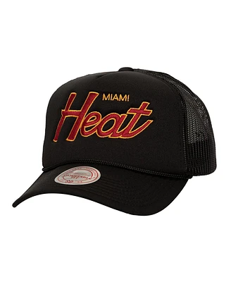 Mitchell & Ness Men's Black Miami Heat Script Side patch Trucker Adjustable Hat