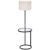 Space Saver Modern Style Standing Floor Lamp with Glass Tray End Table 62" Tall Black Metal White Fabric Sleek Drum Shade Decor for Living Room Readin