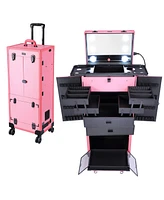 Byootique Rolling Makeup Case w/ Lights Mirror Cosmetic Aritist Studio Multi-function Pink